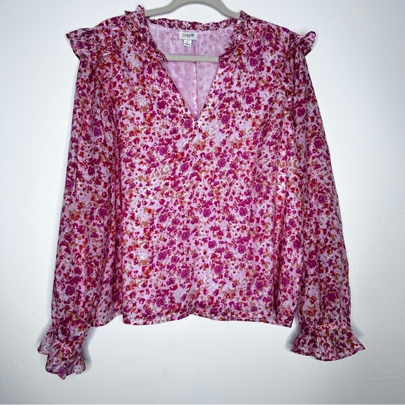 J. Crew Tops - J. Crew Pink Floral Long Sleeve Ruffle Blouse Size Large Valentines Day Office